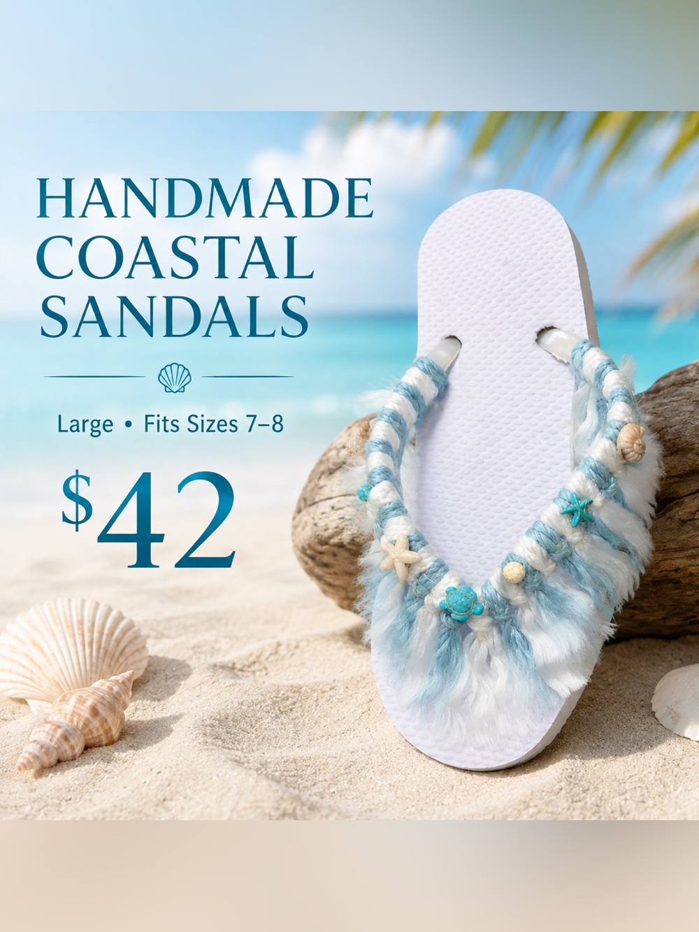 🩷.  S-44.  Handmade Coastal Kids Sandals - White with Aqua Accents